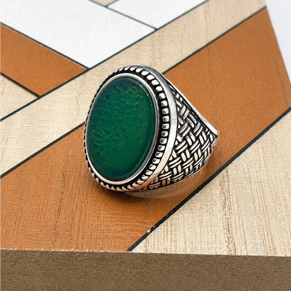 925 Sterling Silver Green Stone Signet Men’s Ring Size 9
